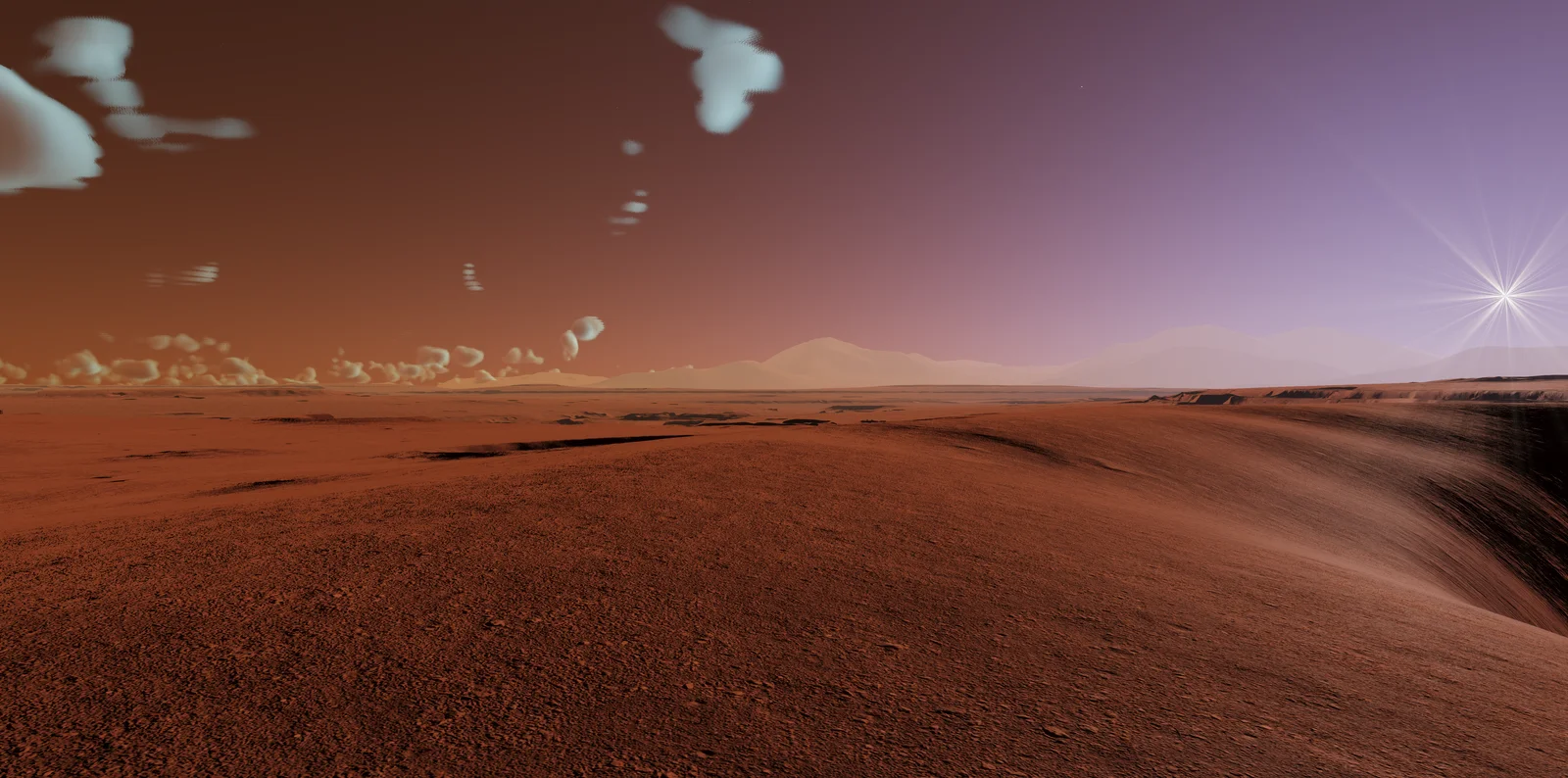 Debout sur la vraie surface de Mars — poussière, dunes, et un ciel voilé par la vraie poussière martienne.